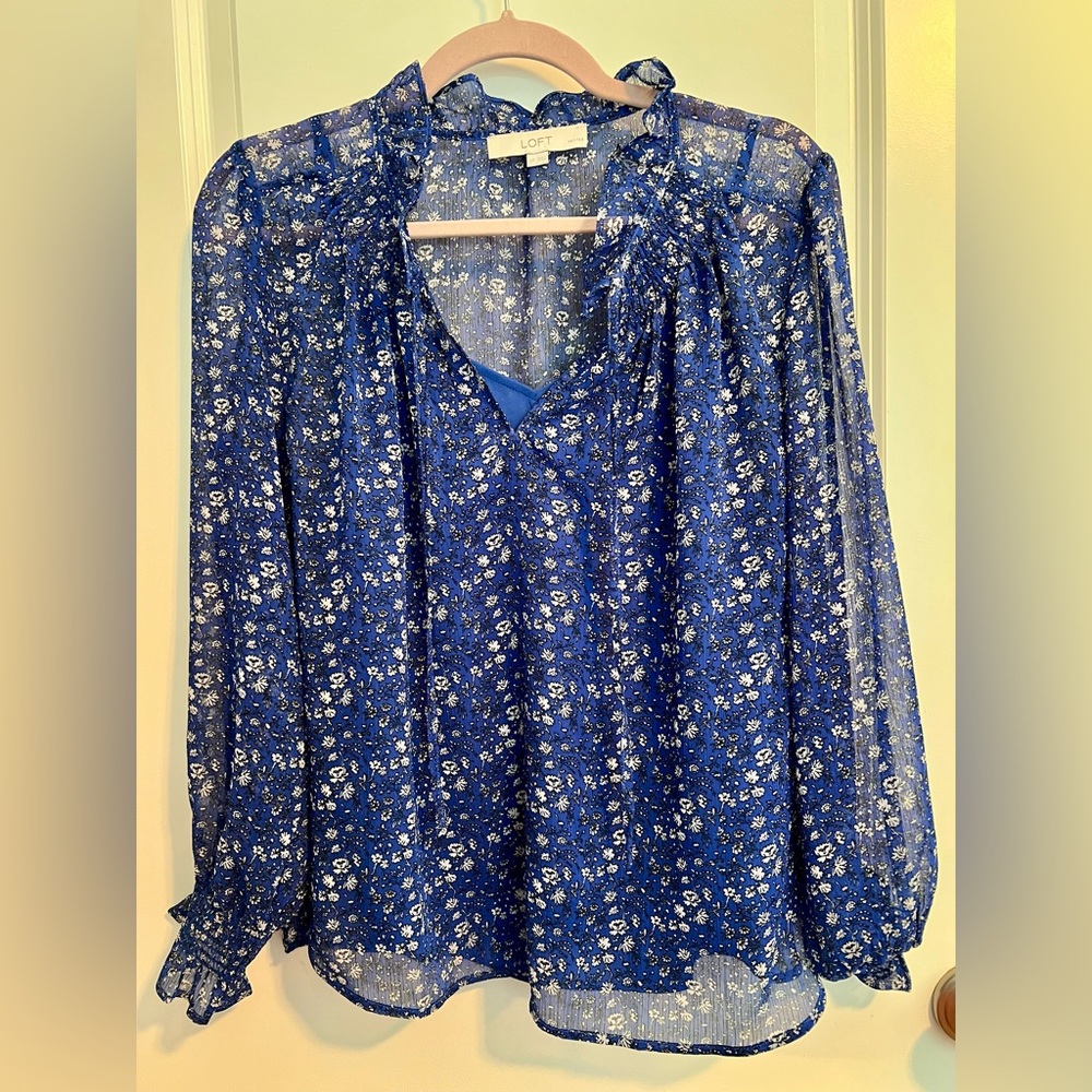 LOFT Blue Floral Print Blouse